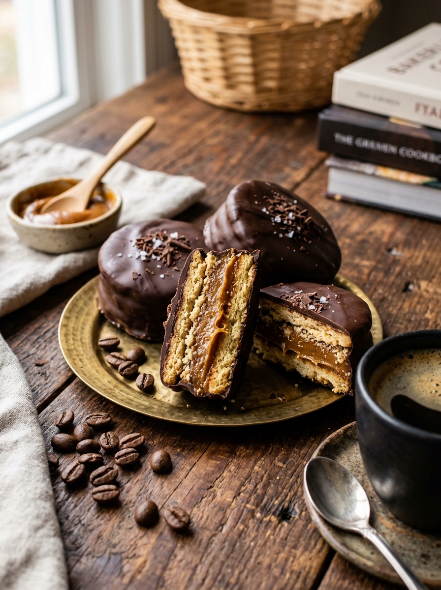 Alfajores artesanais com recheio denso de doce de leite cremoso e banho de chocolate escuro