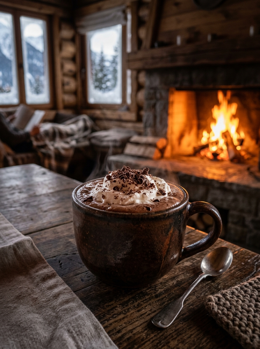 Caneca de chocolate quente cremoso europeu com chantilly e raspas de chocolate em chalé