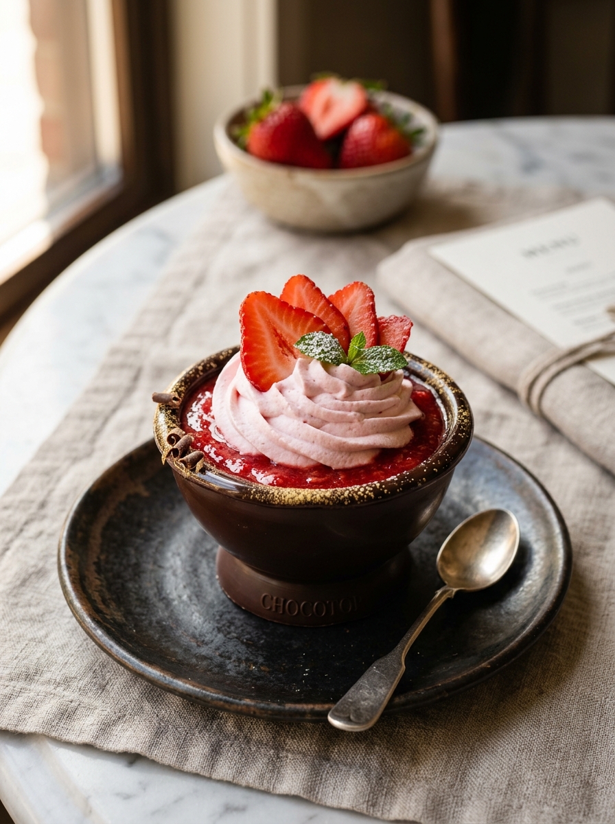 Copinho de chocolate belga CHOCOTOP recheado com calda de morango fresca e marshmallow