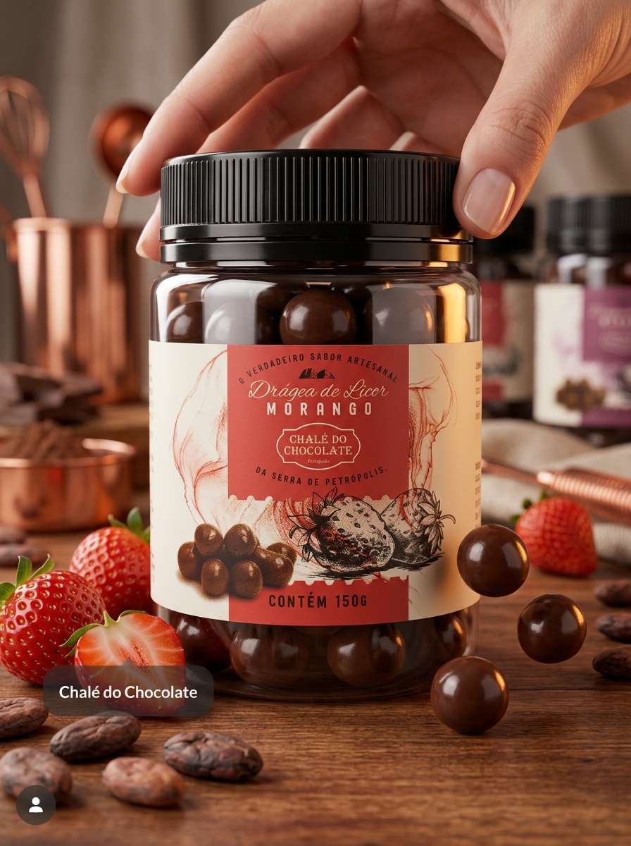 Pote de Drágea de Licor Morango artesanal 150g do Chalé do Chocolate de Petrópolis