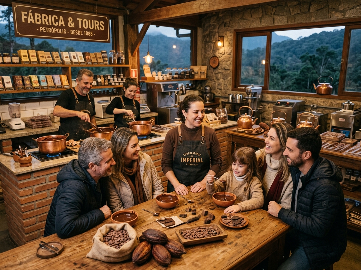 Visita guiada acolhedora na fábrica de chocolate em Petrópolis com famílias e crianças