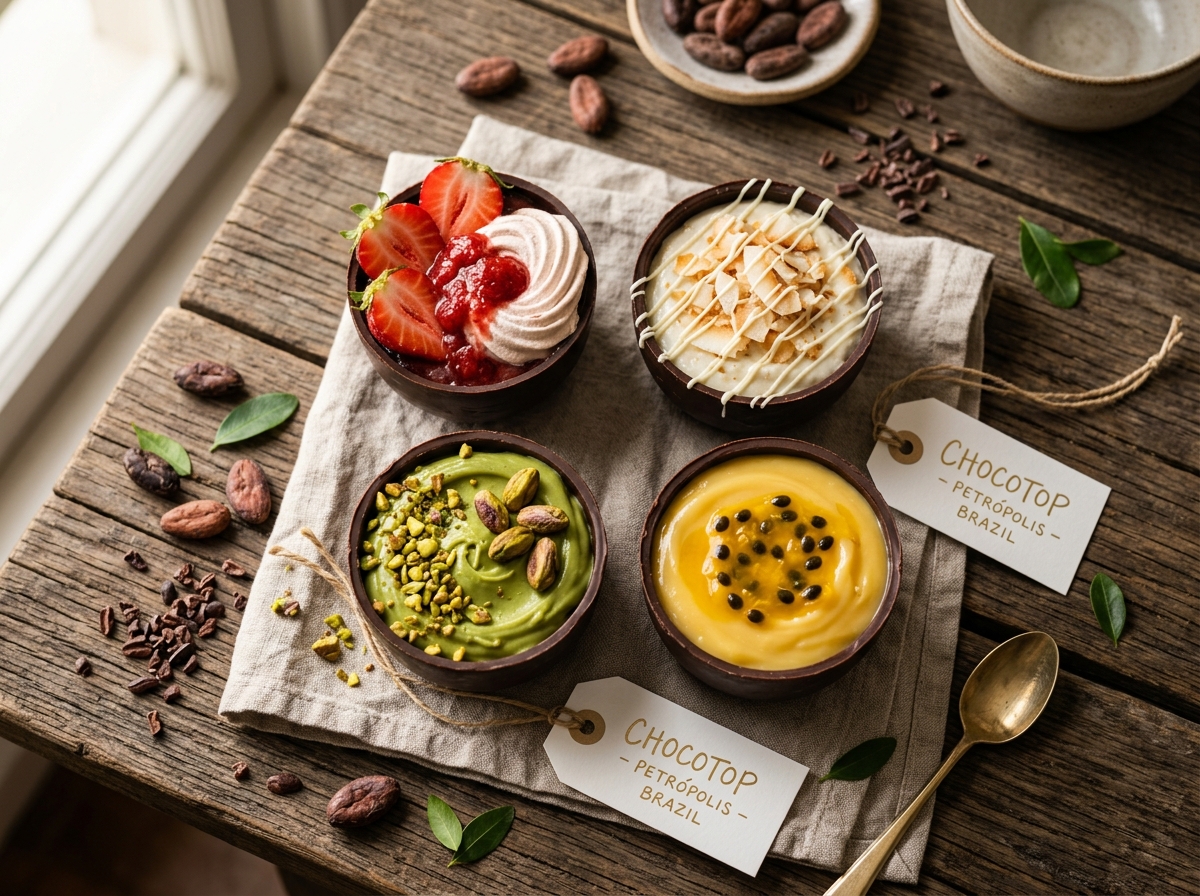 Seleção de copinhos de chocolate belga CHOCOTOP em Petrópolis com quatro sabores artesanais