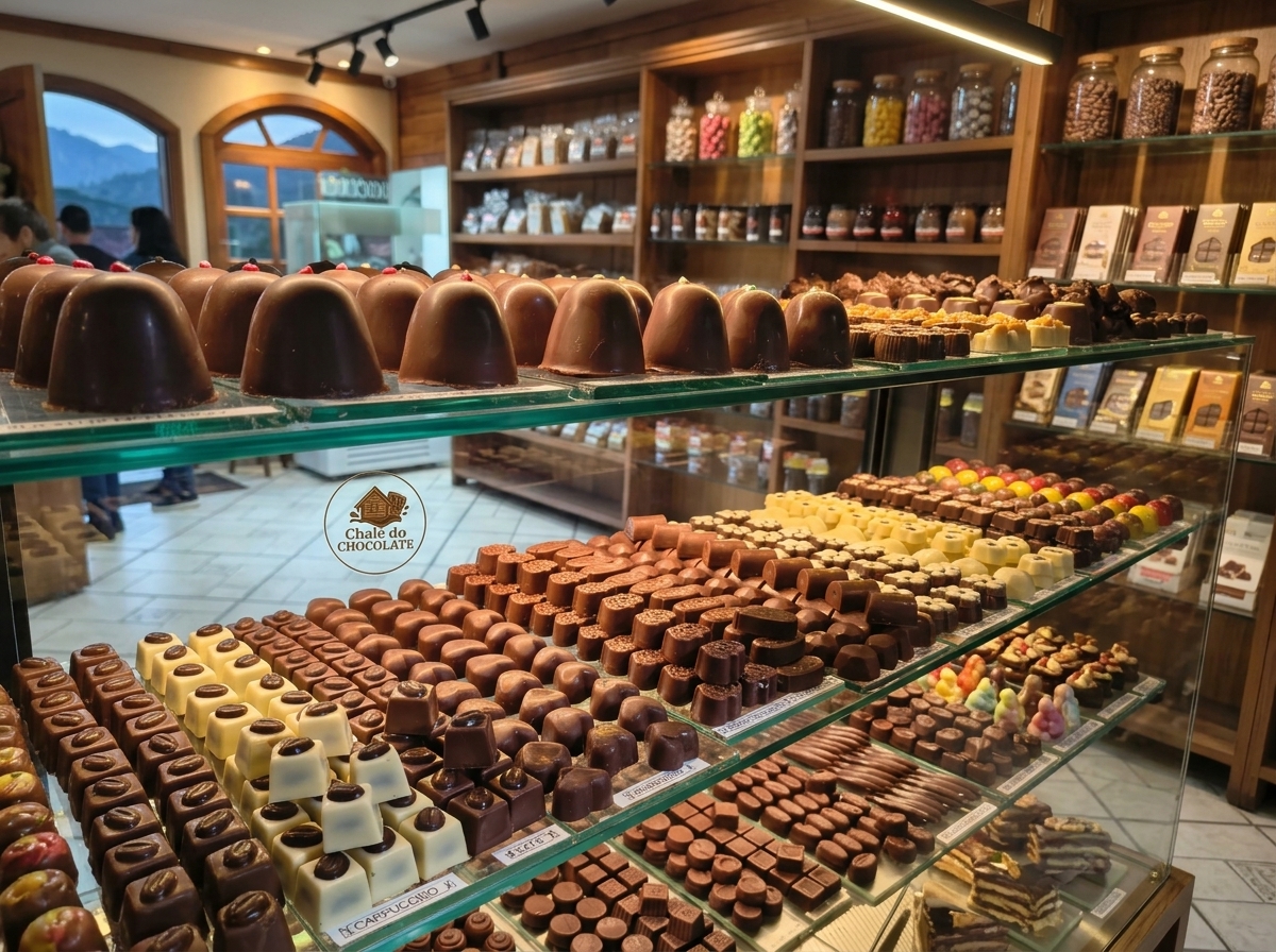 Vitrine da chocolateria Chalé do Chocolate em Petrópolis repleta de CHOCOTOPs, bombons e licores artesanais